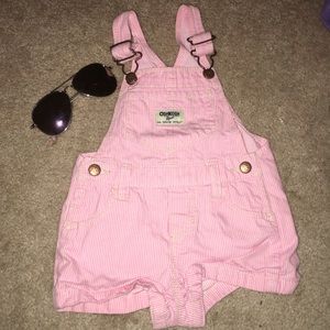 Pink & white striped jean shorts overalls